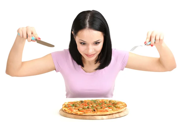 Vacker flicka vill äta pizza — Stockfoto