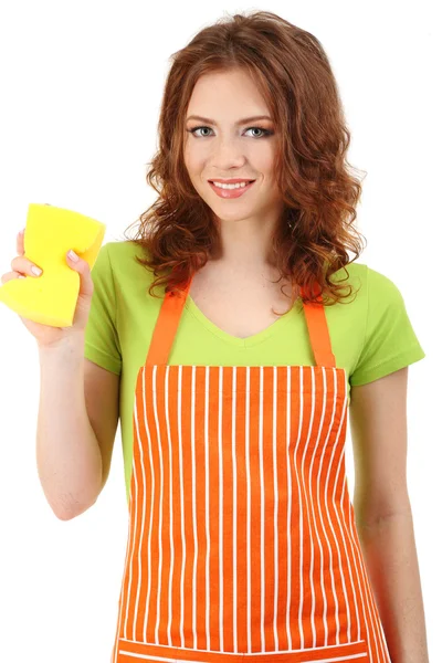 Young housewife with sponge, isolated on white — Stock Photo, Image