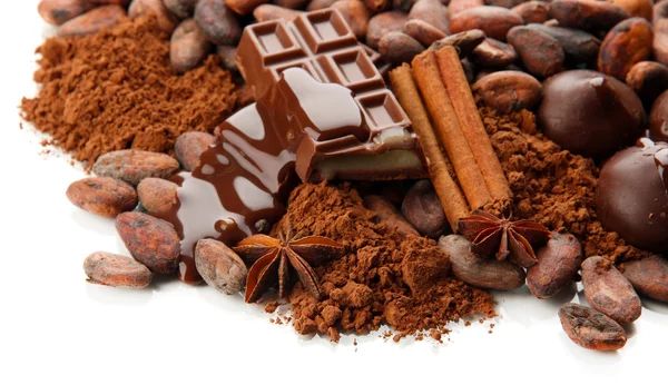 Samenstelling van chocolade snoepjes, cacao en specerijen, geïsoleerd op wit — Stockfoto