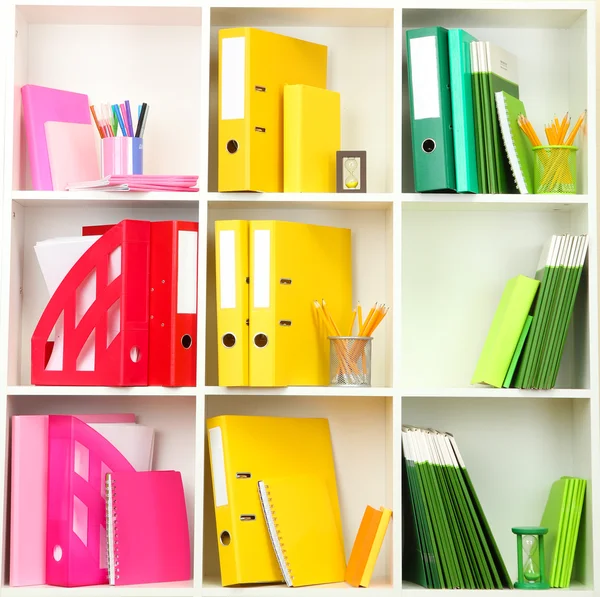 White office shelves with different stationery — Stock Photo, Image