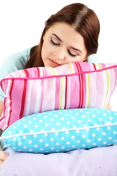 Beautiful young girl with pillows — Stock Photo, Image