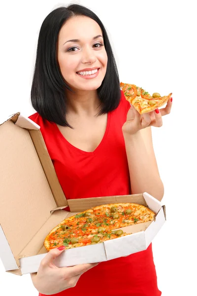 Menina bonita come pizza isolada em branco — Fotografia de Stock