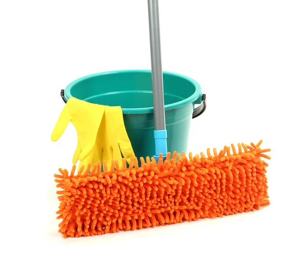 Mop, plastic bucket and rubber gloves, isolated on white — Stock Photo, Image