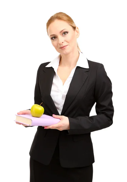 Maestra mujer con libro y manzana — Foto de Stock