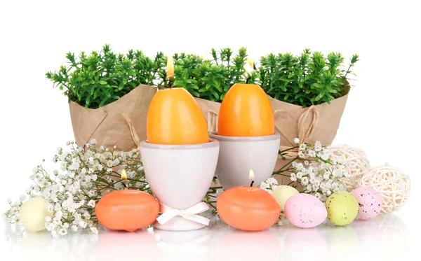 Easter candles with flowers isolated on white — Stock Photo, Image