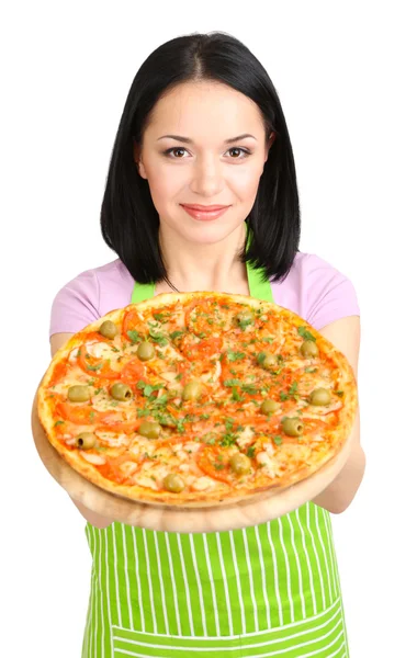 Mädchen Hausfrau mit leckerer Pizza isoliert auf weiß — Stockfoto