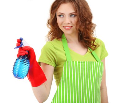 Püskürtme, üzerinde beyaz izole tutan genç kadın