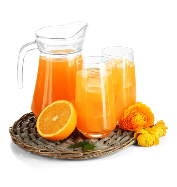 眼镜和橙汁孤立在白色的投手 — 图库照片