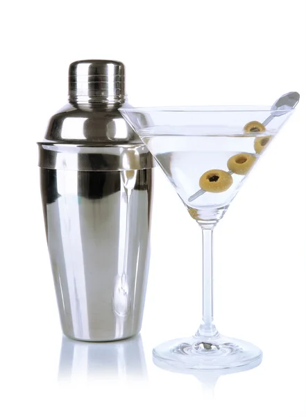 Bicchiere Martini con olive isolate su merluzzo — Foto Stock