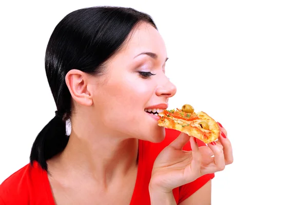 Beautiful girl eats pizza close-up isolated on white — Stock Photo, Image