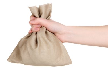 elinde beyaz izole küçük çuval