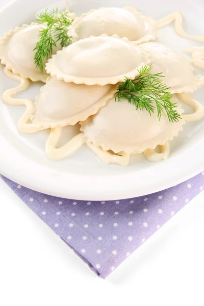 Tasty dumplings on plate, isolated on white — Stock Photo, Image