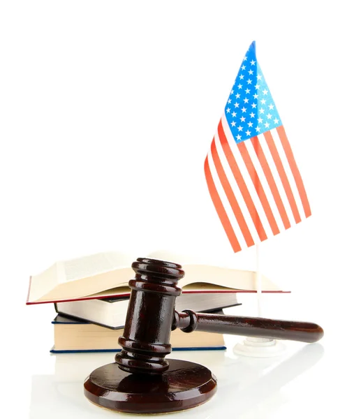 Wooden gavel, books and American flag isolated on white — Stock Photo, Image