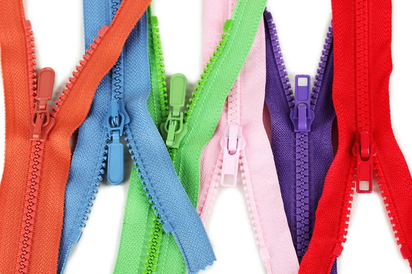 Multicolored zippers isolated on white — Stock Photo, Image