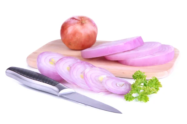 Onion cut with rings on wooden board isolated on white — Stock Photo, Image