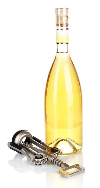 Corkscrew and bottle of wine isolated on white — Stock Photo, Image