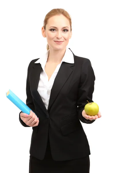 Portrait of teacher woman with book and apple, isolated on white — Stock Photo, Image