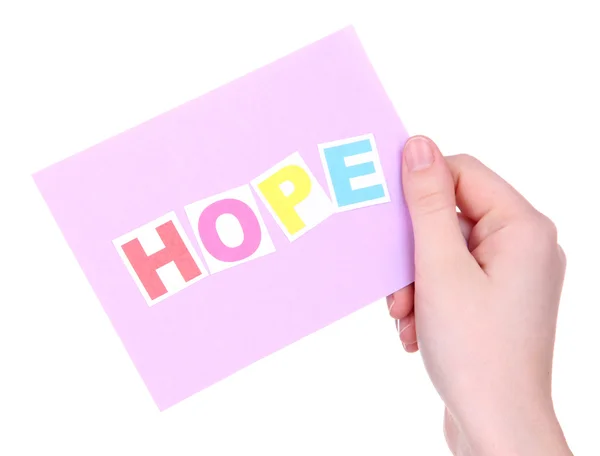 Hope word on piece paper in hand isolated on white — Stock Photo, Image