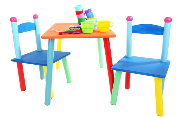 Small and colorful table and chairs for little kids isolated on white — Stock Photo, Image