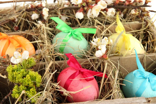 Ovos de Páscoa em caixa de madeira com feno close-up — Fotografia de Stock