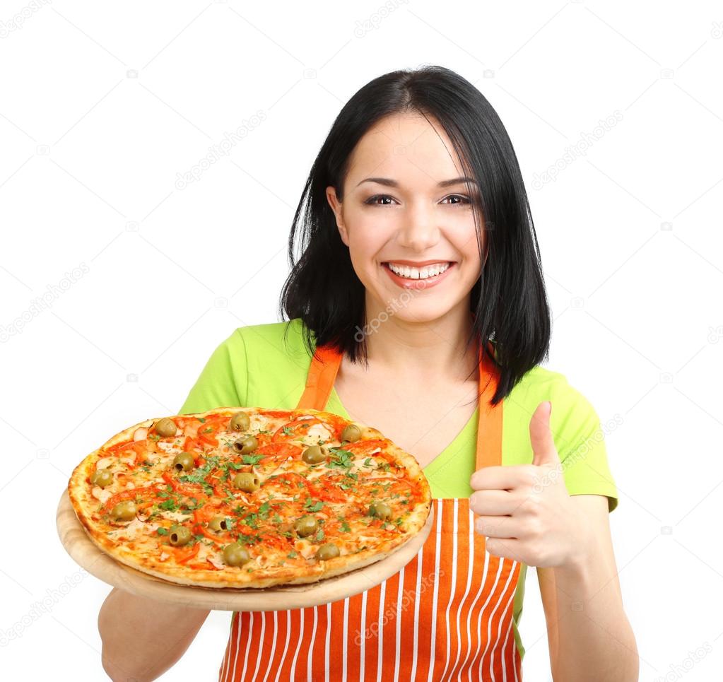 Girl housewife with delicious pizza isolated on white