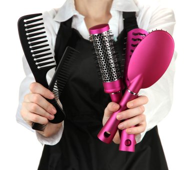 Kuaför ile çalışan araçlar, üzerinde beyaz izole üniformalı