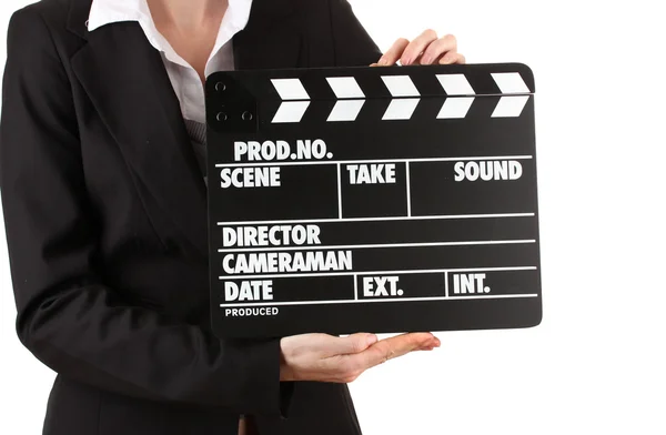 Produção de filmes clapper board isolado no branco — Fotografia de Stock