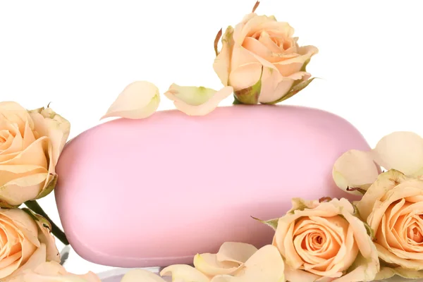 Soap with roses on white background — Stock Photo, Image