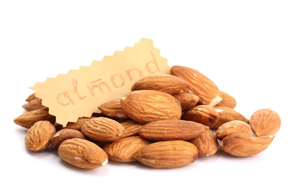 Tasty almonds nuts, isolated on white — Stock Photo, Image