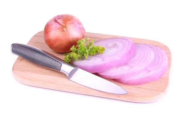 Onion cut with rings on wooden board isolated on white — Stock Photo, Image