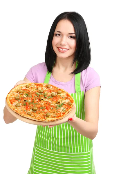 Fille femme au foyer avec délicieuse pizza isolée sur blanc — Photo