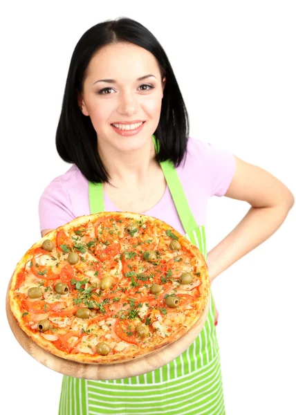 Mädchen Hausfrau mit leckerer Pizza isoliert auf weiß — Stockfoto