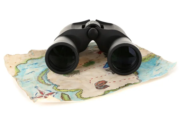 Black modern binoculars with map of adventure isolated on white — Stock Photo, Image