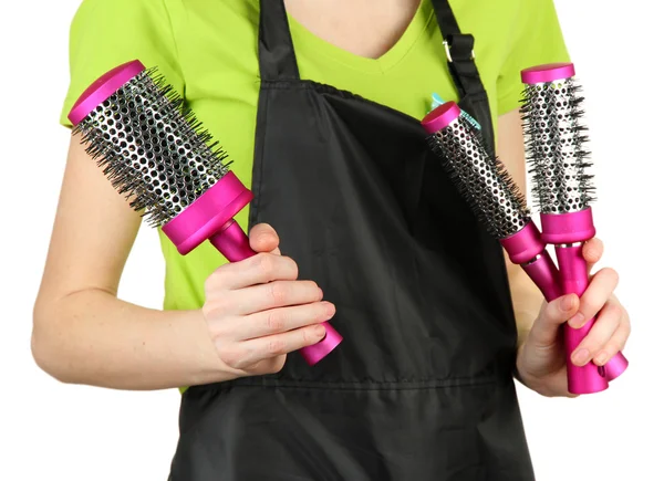 Peluquería en uniforme con herramientas de trabajo, aislado en blanco — Foto de Stock