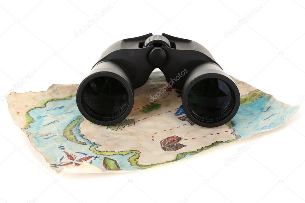 Black modern binoculars with map of adventure isolated on white