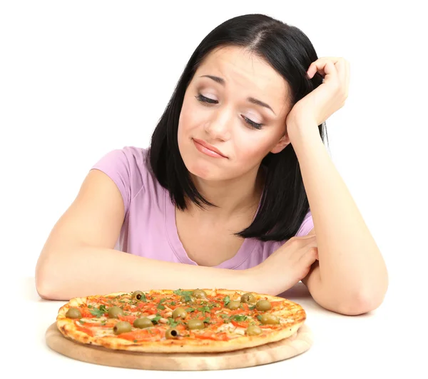 Beautiful girl wants to eat pizza isolated on white — Stock Photo, Image