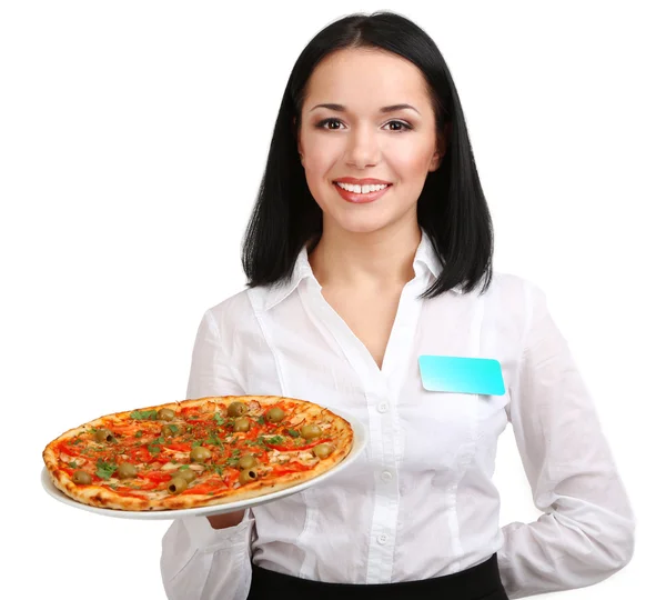 Garçom menina bonita com pizza isolada em branco — Fotografia de Stock