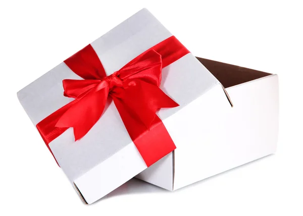 红丝带，孤立在白色礼品盒 — 图库照片