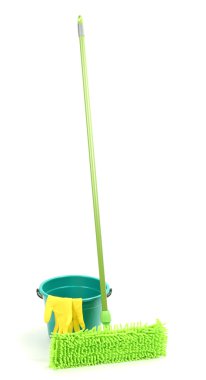 paspas, üzerinde beyaz izole, plastik kova ve lastik eldiven