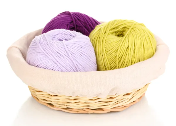 Knitting yarn in basket isolated on white — Stock Photo, Image