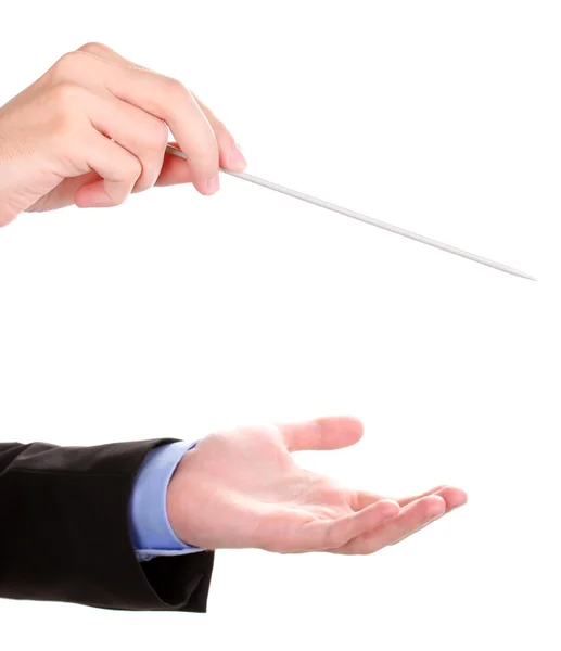 Μουσική μαέστρος χέρια με το μπαστούνι που απομονώνονται σε λευκό — Φωτογραφία Αρχείου