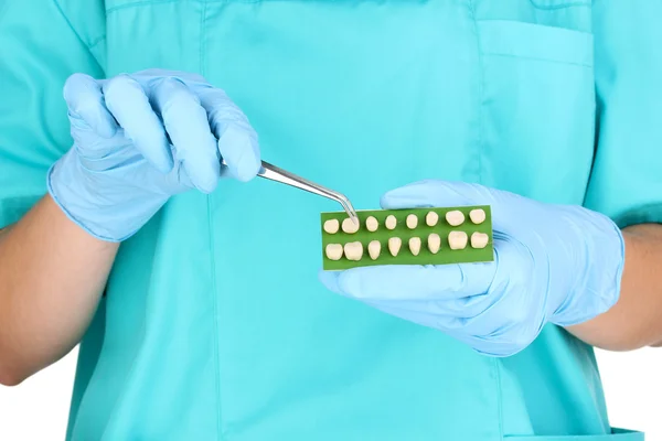 Dentists hands with denture and dental tweezers — Stock Photo, Image