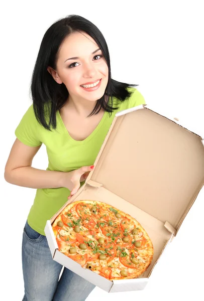 Menina bonita com deliciosa pizza em caixa de pizza isolada em branco — Fotografia de Stock