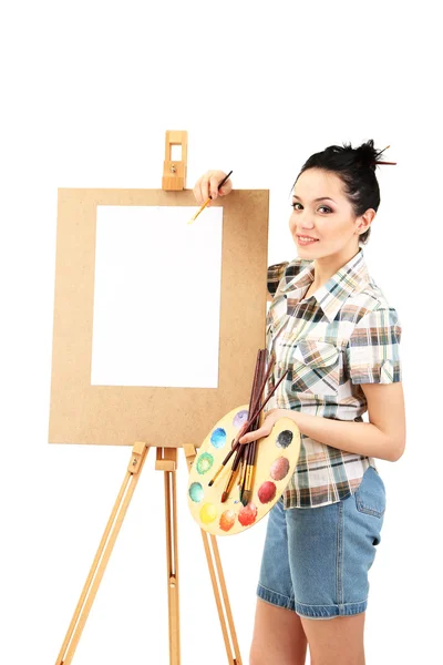 Beautiful young woman painter at work, isolated on white — Stock Photo, Image