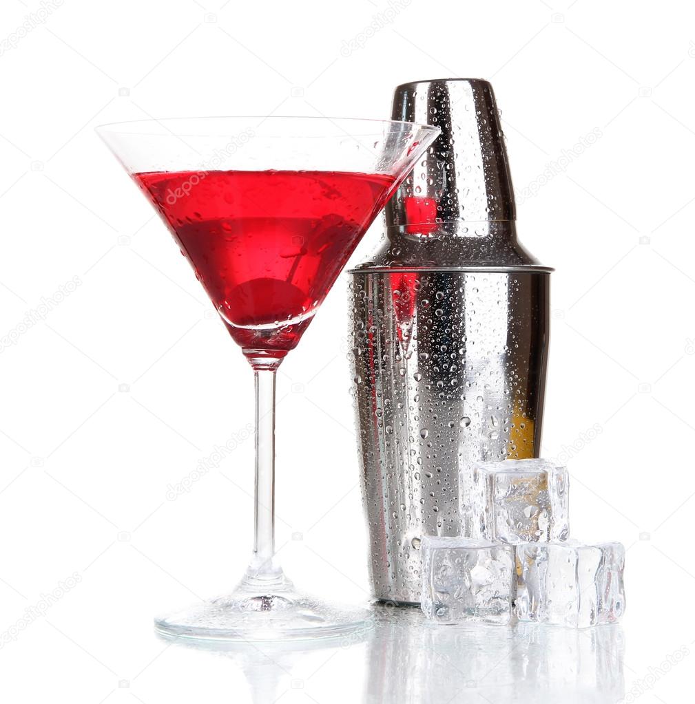 Cocktail shaker and cocktail isolated on white