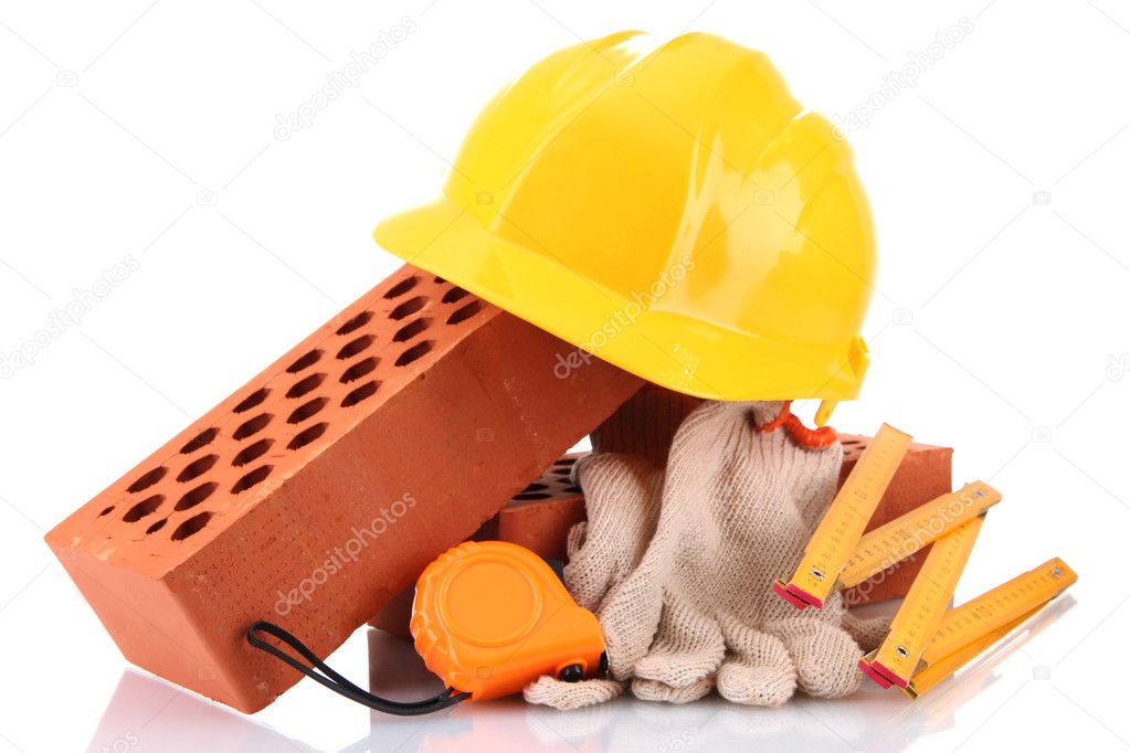 helmet, roulette, bricks and gloves isolated on white