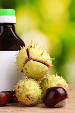 kestane ve tıbbi şişe yeşil zemin üzerine ahşap tablo