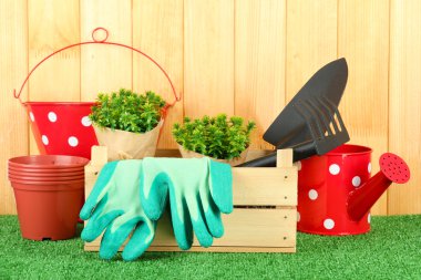 bahçede çimlerin üzerine Bahçe aletleri