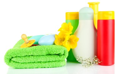 Bebek kozmetik, havlu, sabun, üzerinde beyaz izole