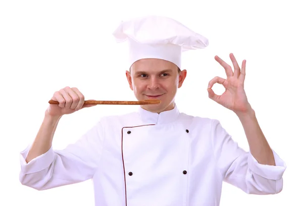 厨师用勺子在白色孤立的肖像 — 图库照片